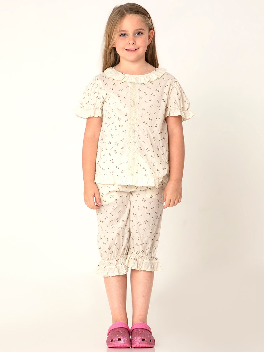 

Cherry Crumble Girls Cream-Coloured Printed Night suit