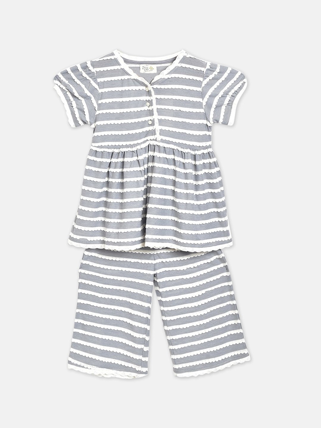 

Cherry Crumble Girls Grey & White Striped Night suit