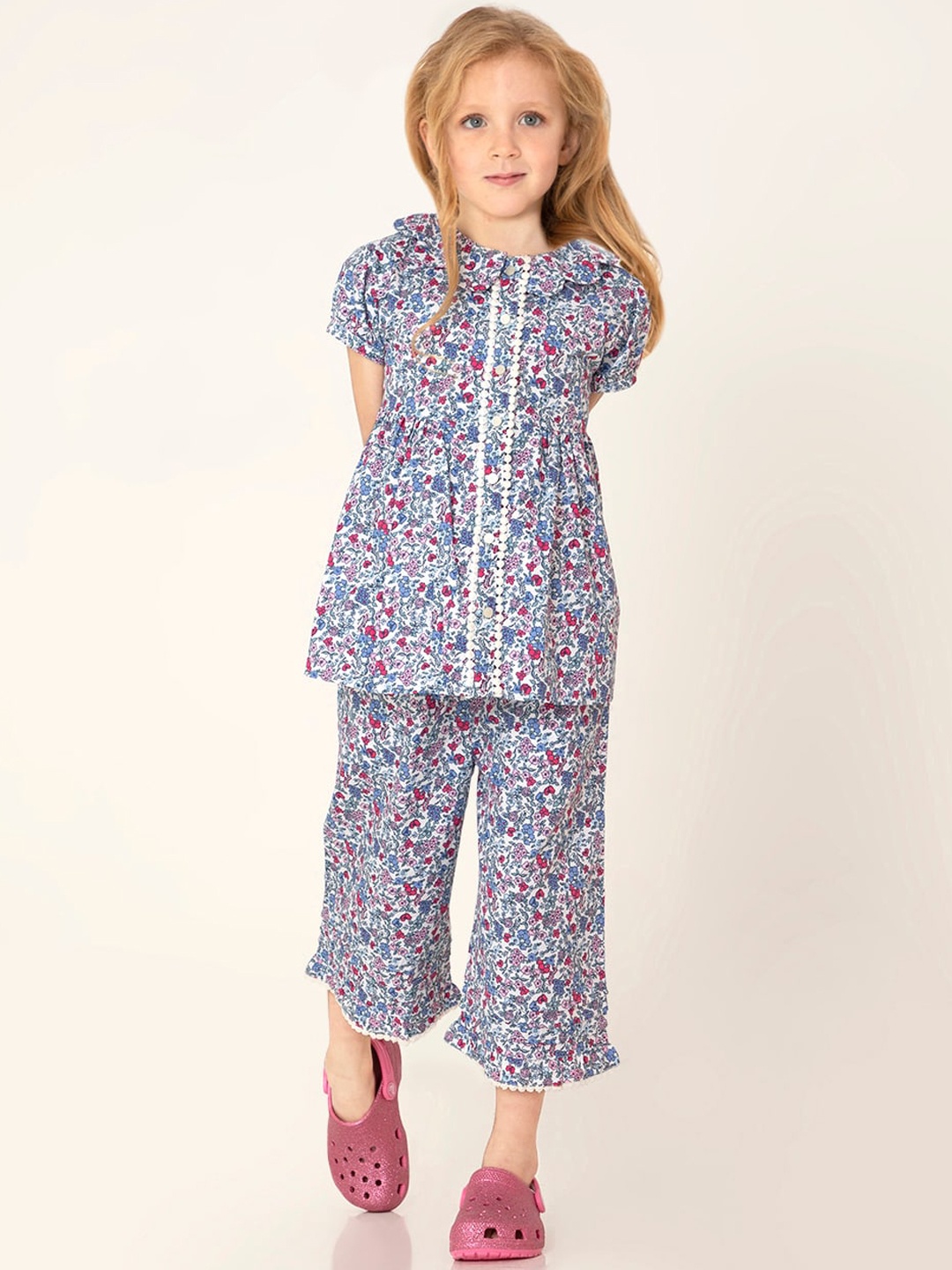 

Cherry Crumble Girls Navy Blue & White Printed Night suit