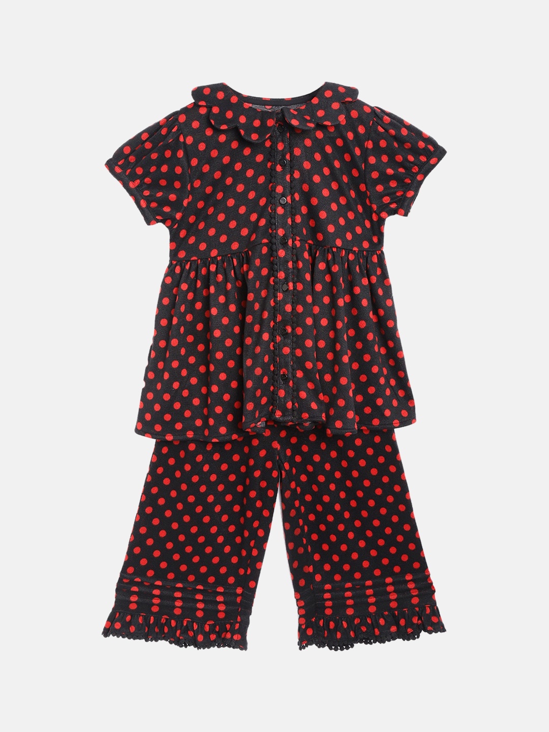 

Cherry Crumble Girls Red & Black Polka Dot Printed Night suit