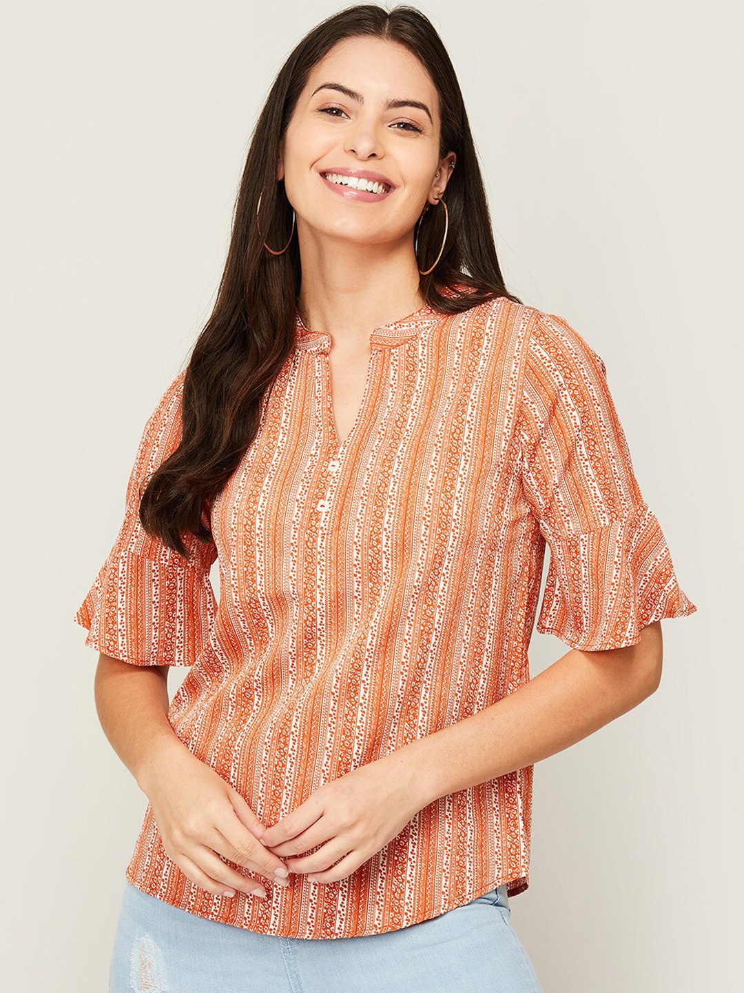 

Fame Forever by Lifestyle Orange Geometric Print Mandarin Collar Shirt Style Top