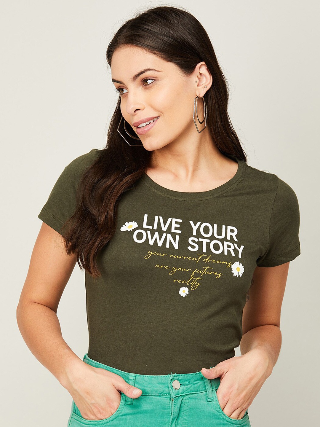 

Fame Forever by Lifestyle Women Olive Green Print Top