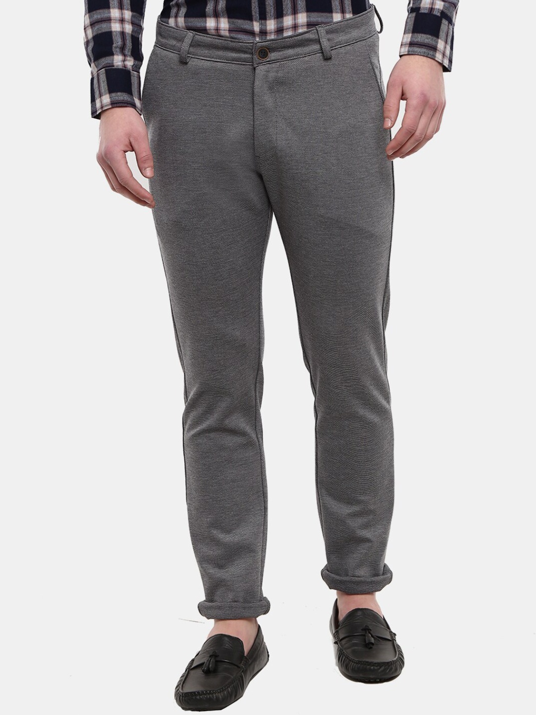 

V-Mart Men Navy Blue Textured Classic Slim Fit Chinos Trousers