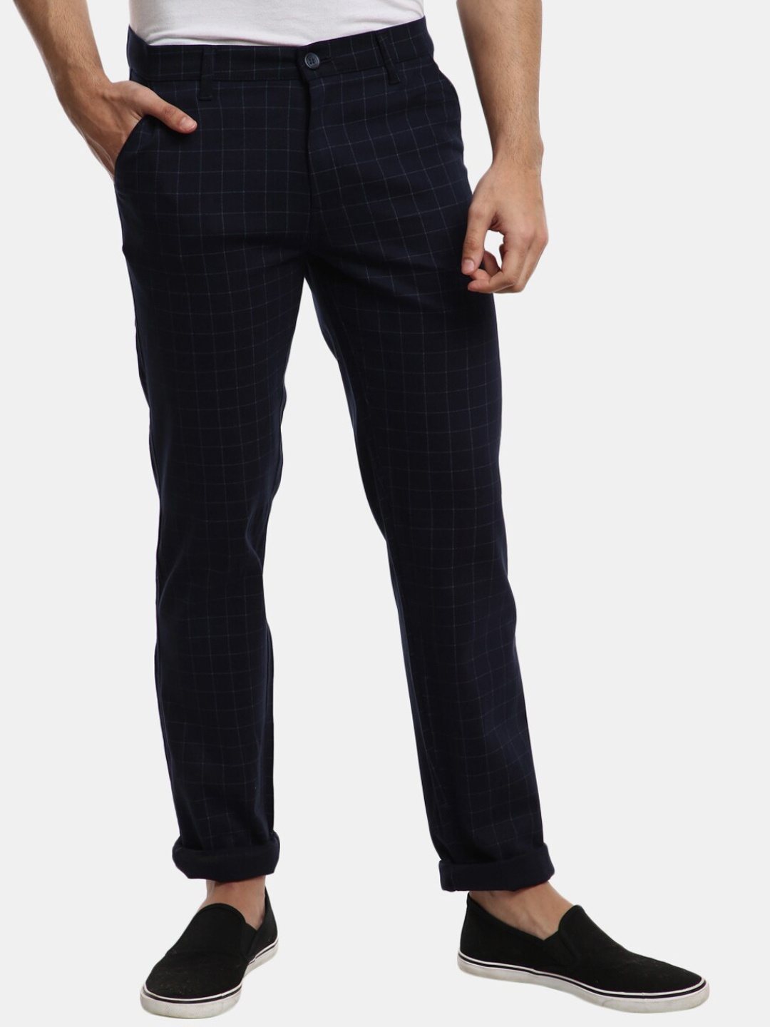 

V-Mart Men Navy Blue Checked Classic Slim Fit Trousers