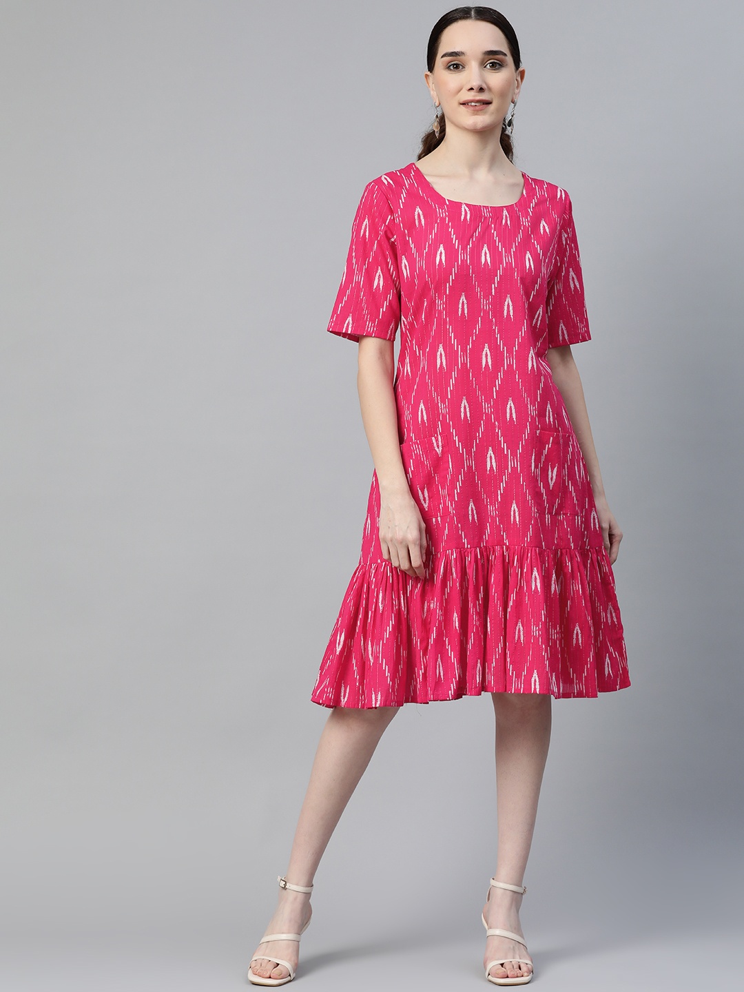 

mokshi Pink Printed Cotton A-Line Midi Dress