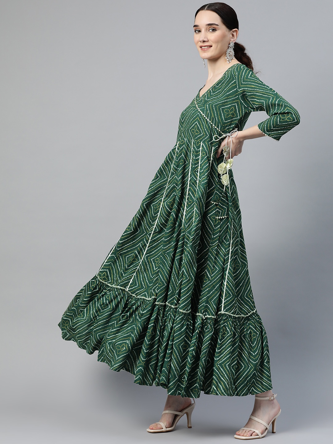 

mokshi Green Bandhani Ethnic Maxi Dress
