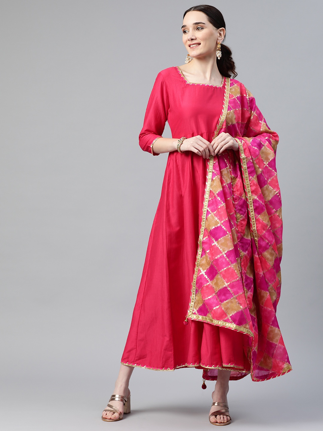 

mokshi Pink Silk Ethnic Maxi Dress with Dupatta