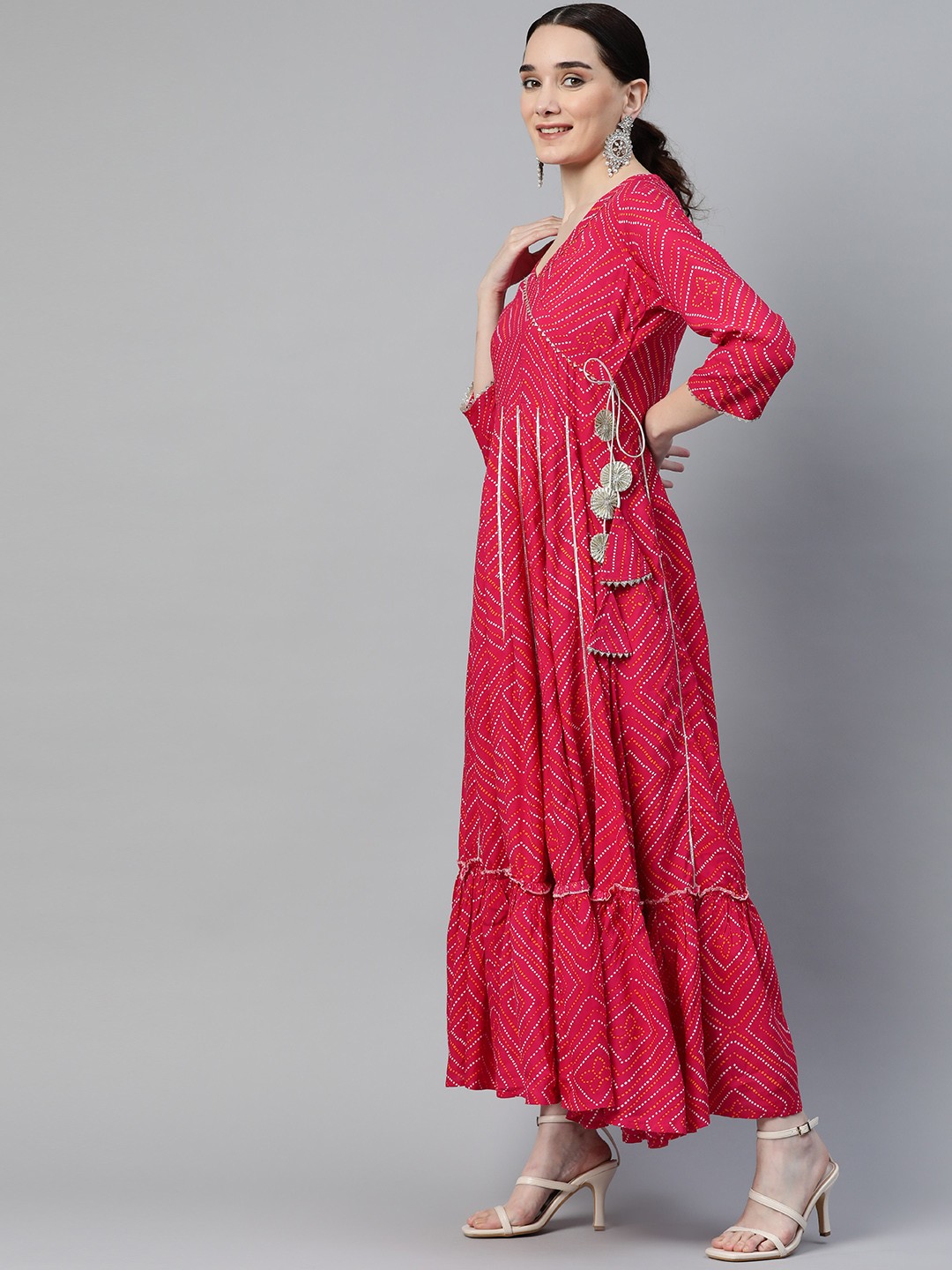 

mokshi Pink Bandhani Ethnic Maxi Dress