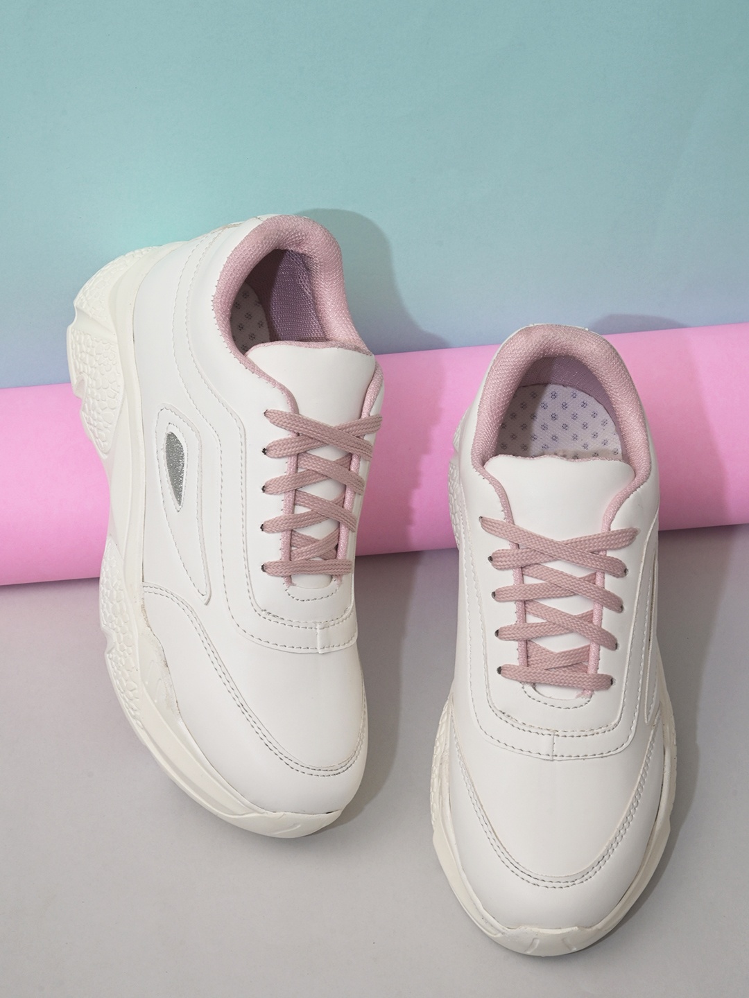 

HERE&NOW Women White Faux Leather Casual Lace up Sneakers