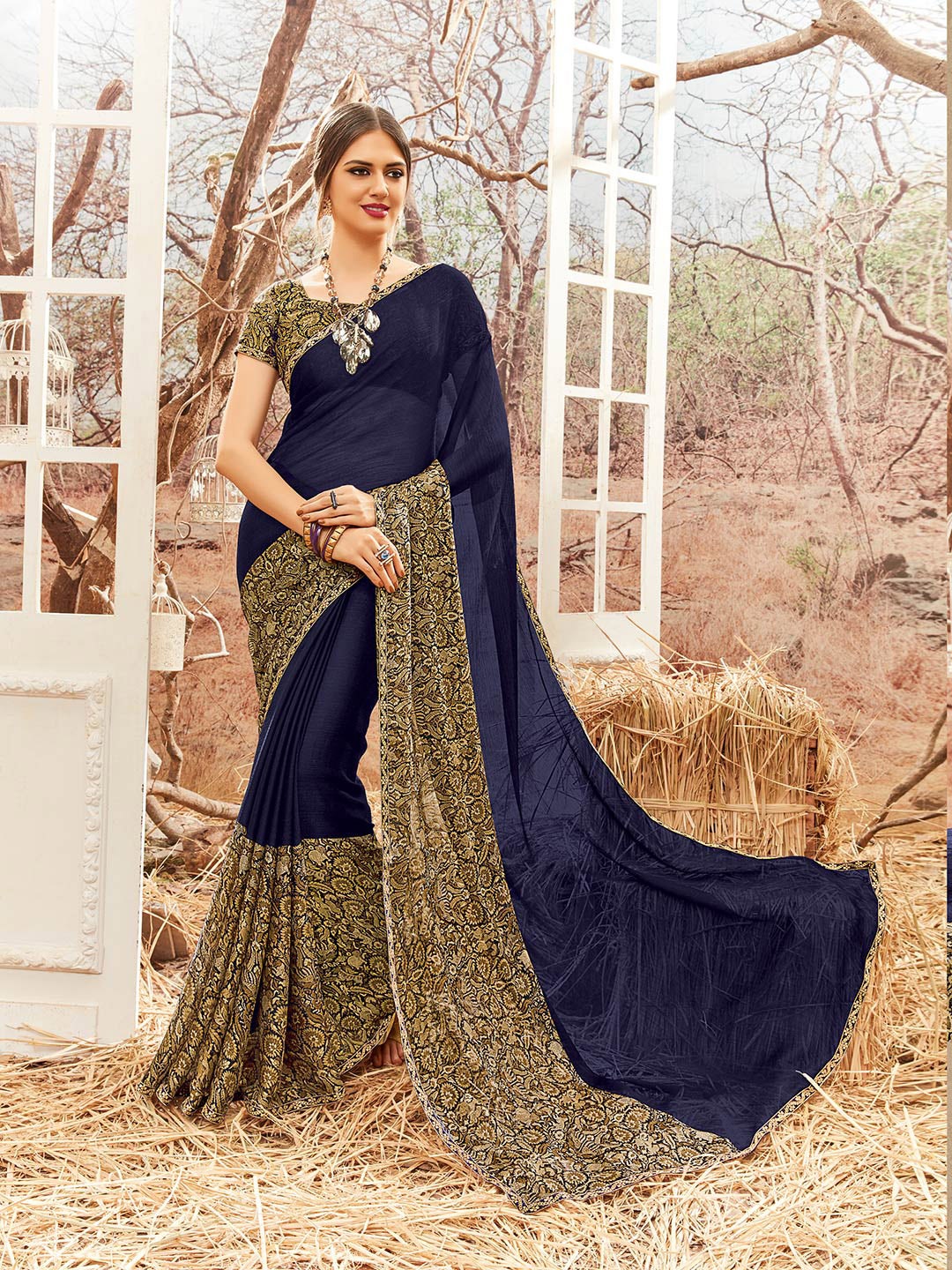 

Shaily Navy Blue & Gold-Toned Floral Pure Chiffon Saree