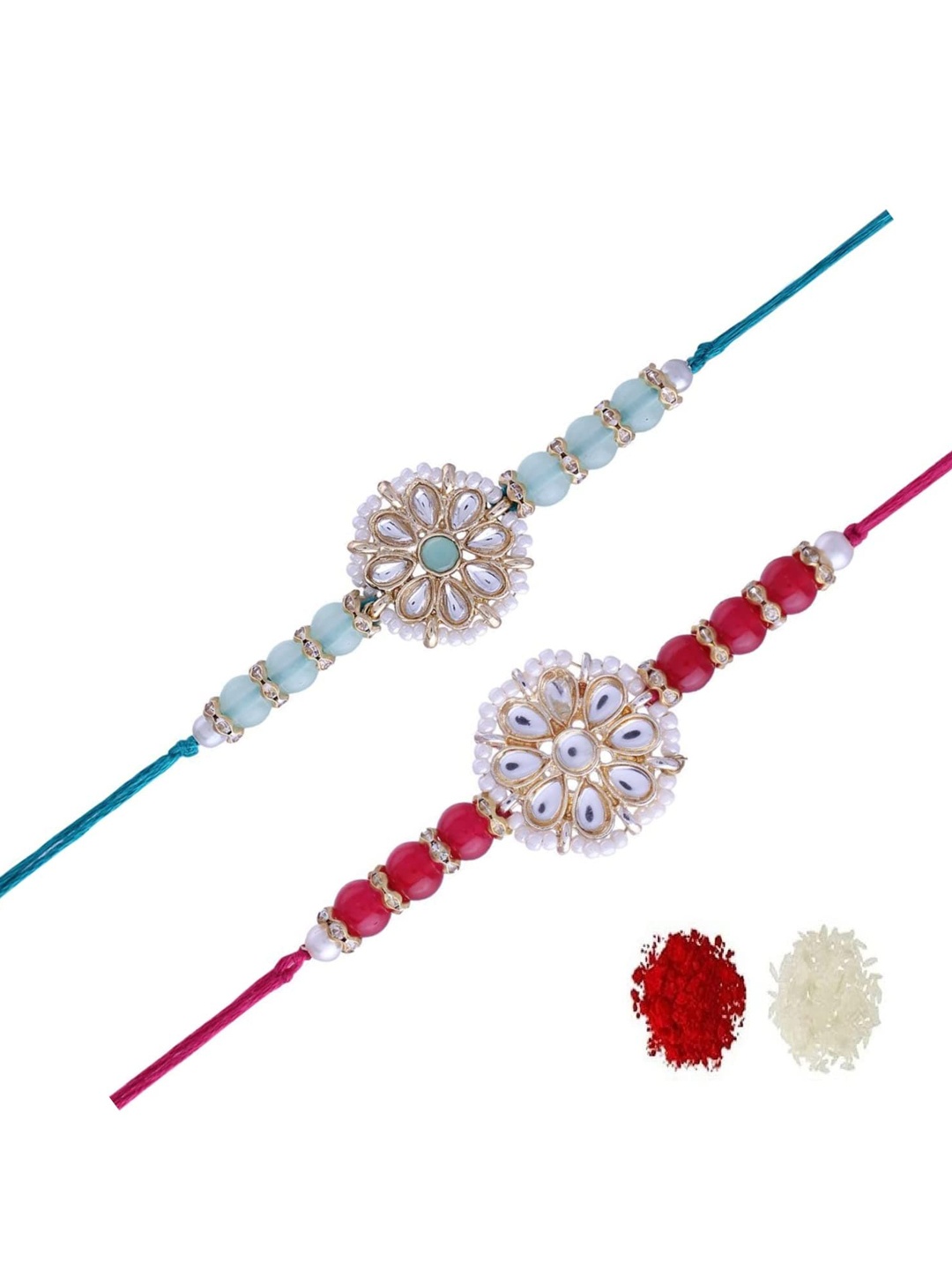 

I Jewels Men Set Of 2 Red & Blue-Coloured Beaded Rakhi With Rolichawal