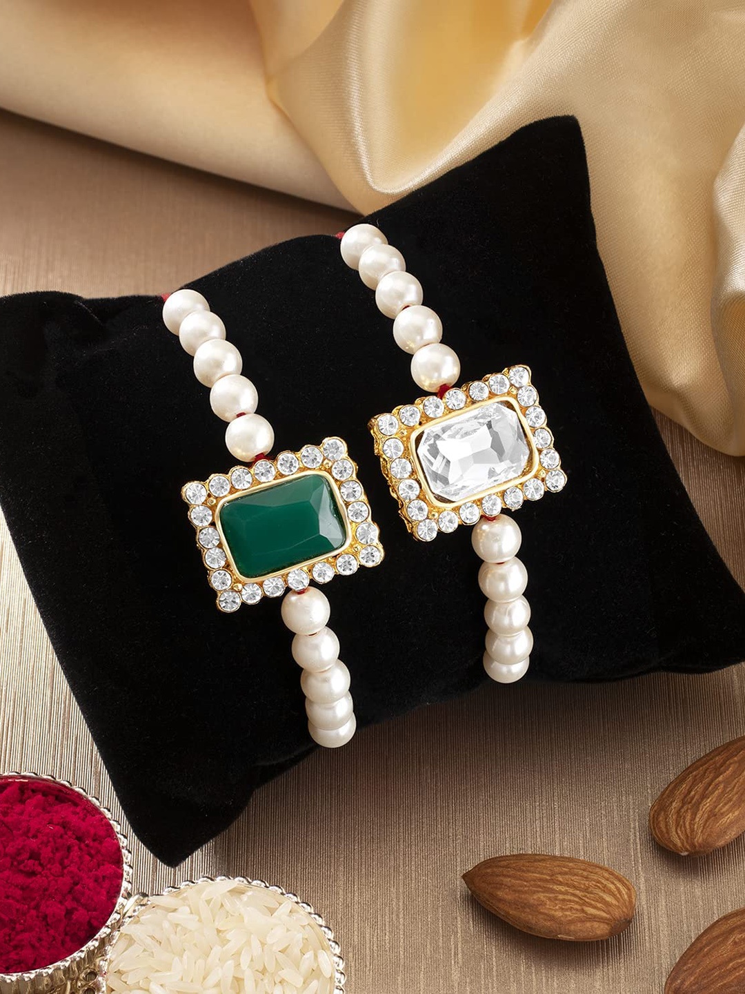 

I Jewels Men Set Of 2 White Stone-Studded & Pearl Beaded Rakhi
