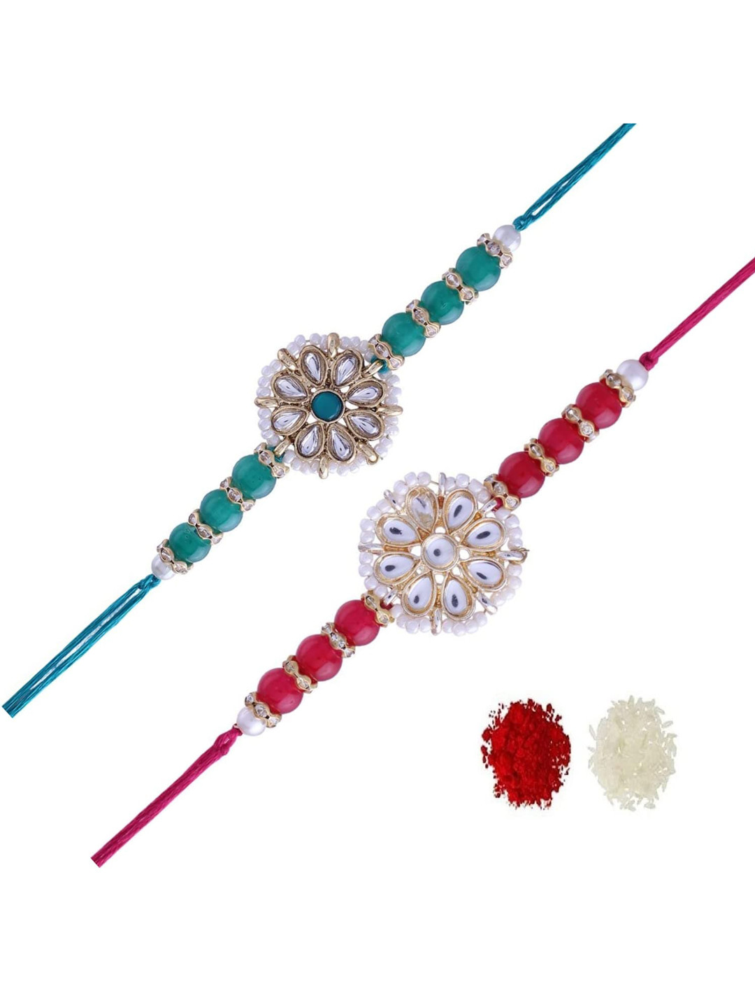 

I Jewels Men Set Of 2 Red & Green Stone Studded Pearl Beaded Rakhi
