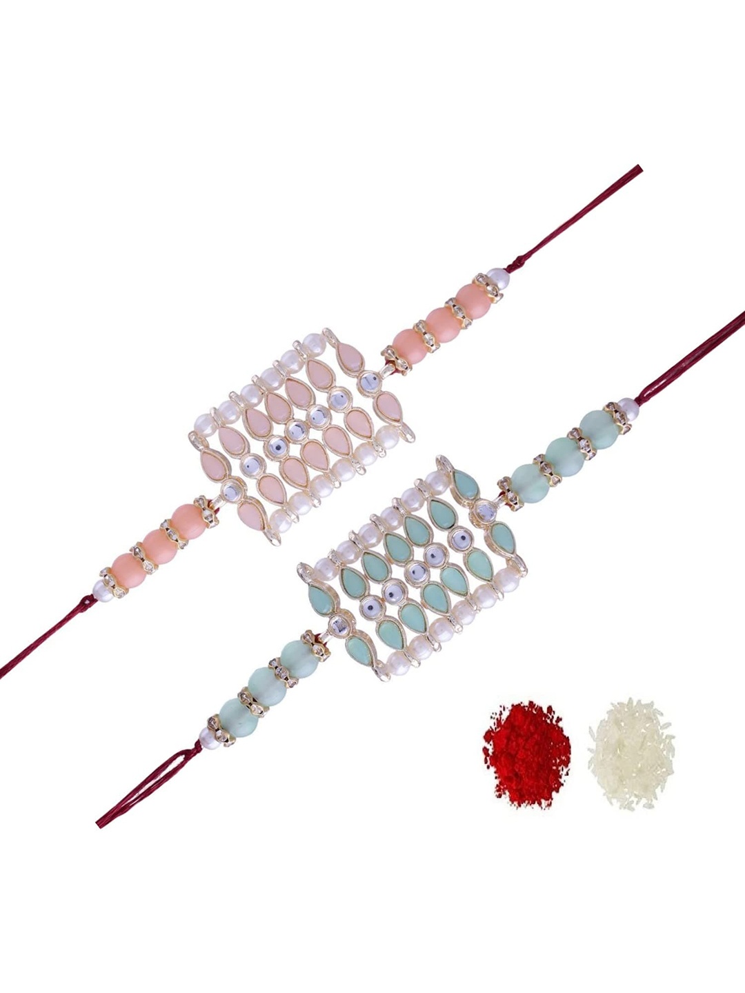 

I Jewels Set of 2 Pearl Beads Studded Rakhi Bracelet with Roli Chawal, Multi