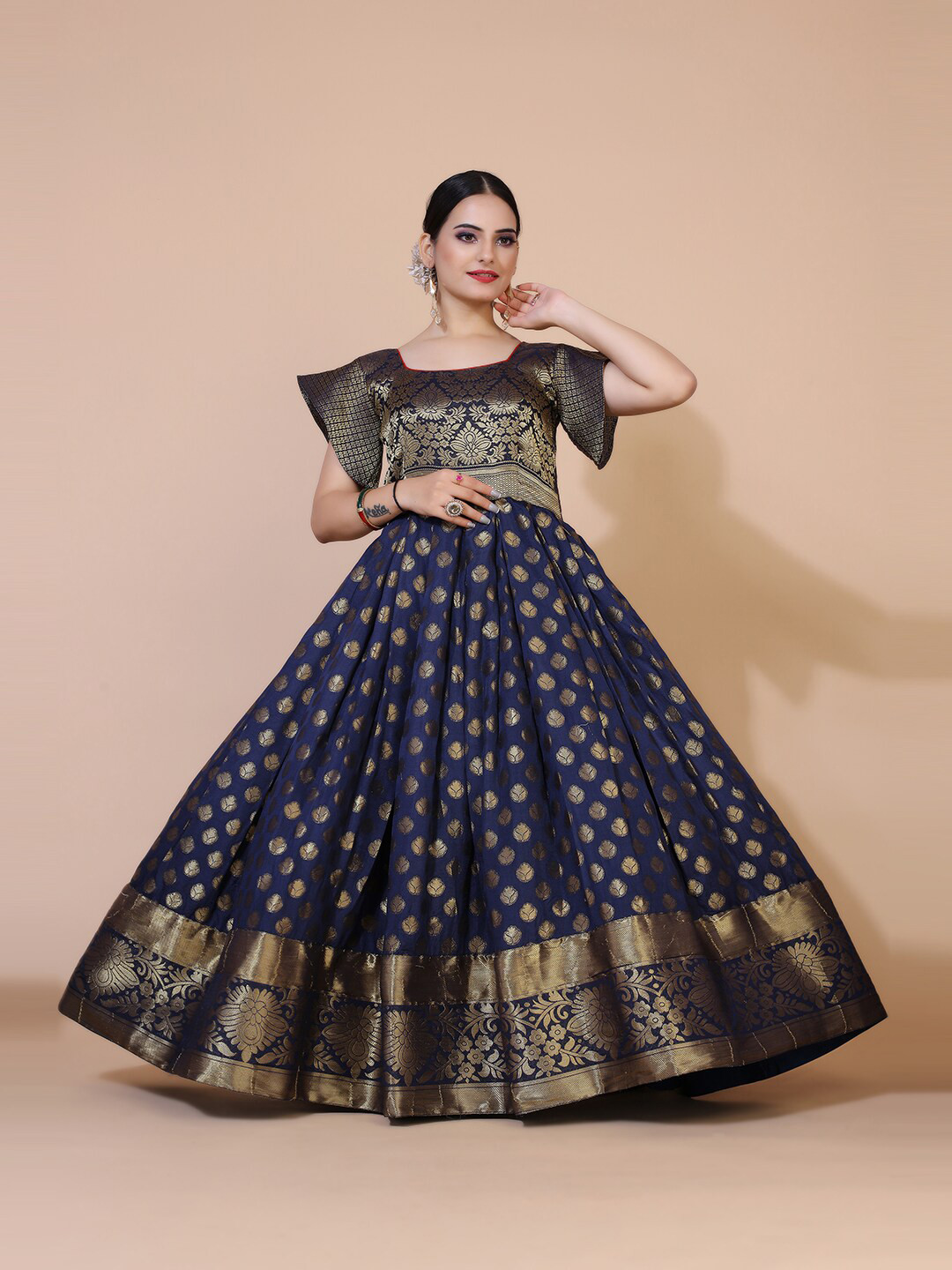 

PRENEA Navy Blue Designer Silk Blend Jacquard Silk Long Gown