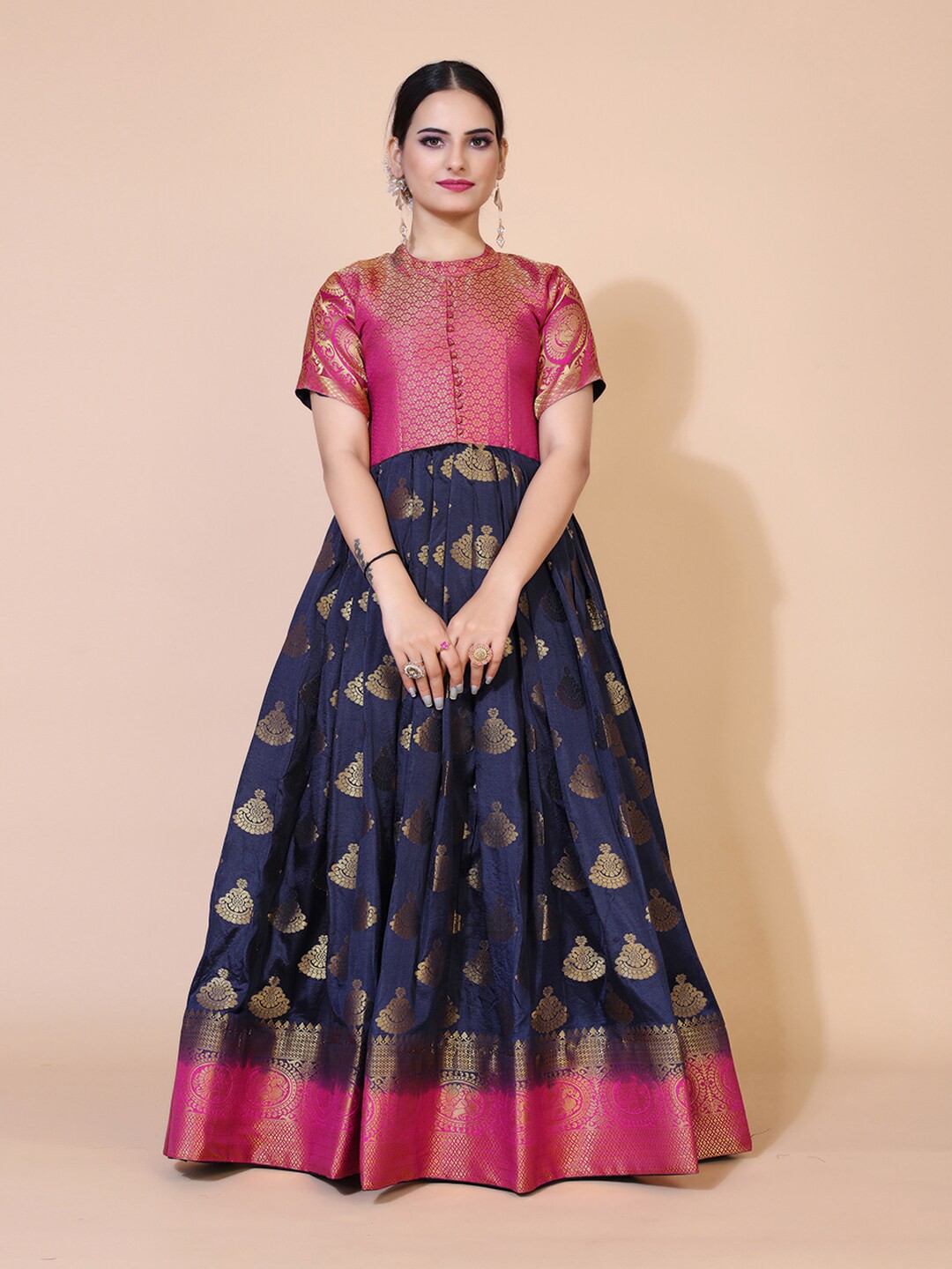 

PRENEA Women Navy Blue Floral Jacquard Maxi Dress