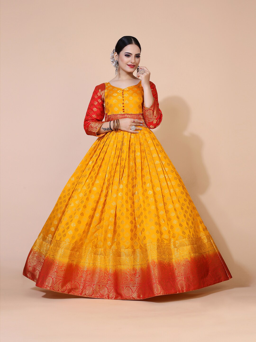 

PRENEA Yellow Ethnic Motifs Silk Blend Jacquard Long Gown
