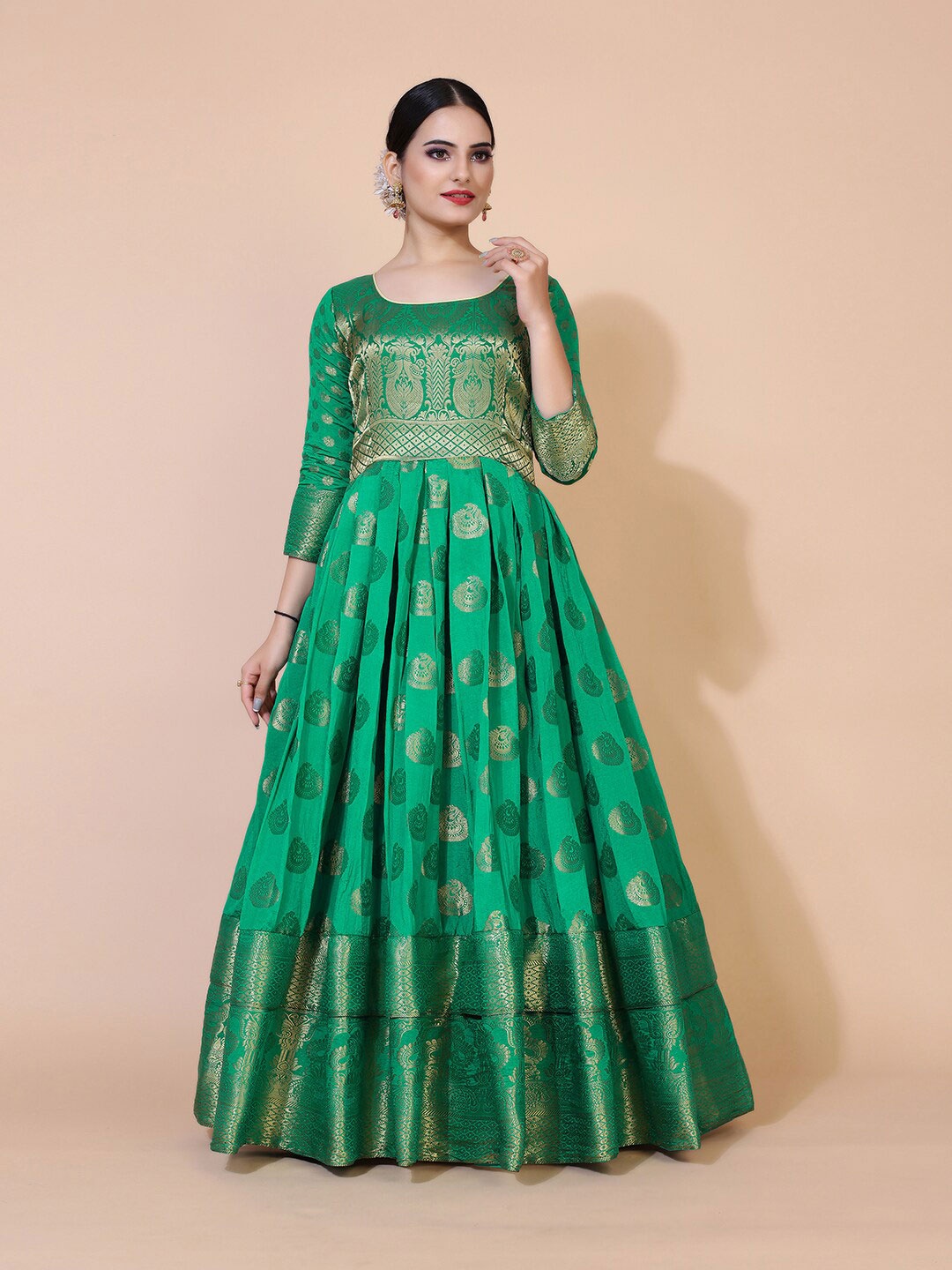 

PRENEA womens Green Ethnic Motifs Jacquard Maxi Dress