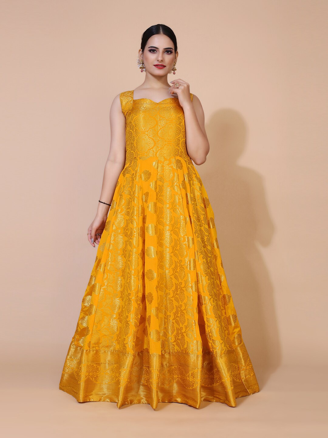 

PRENEA Women Yellow Floral Jacquard Ethnic Silk Long Gown Dress