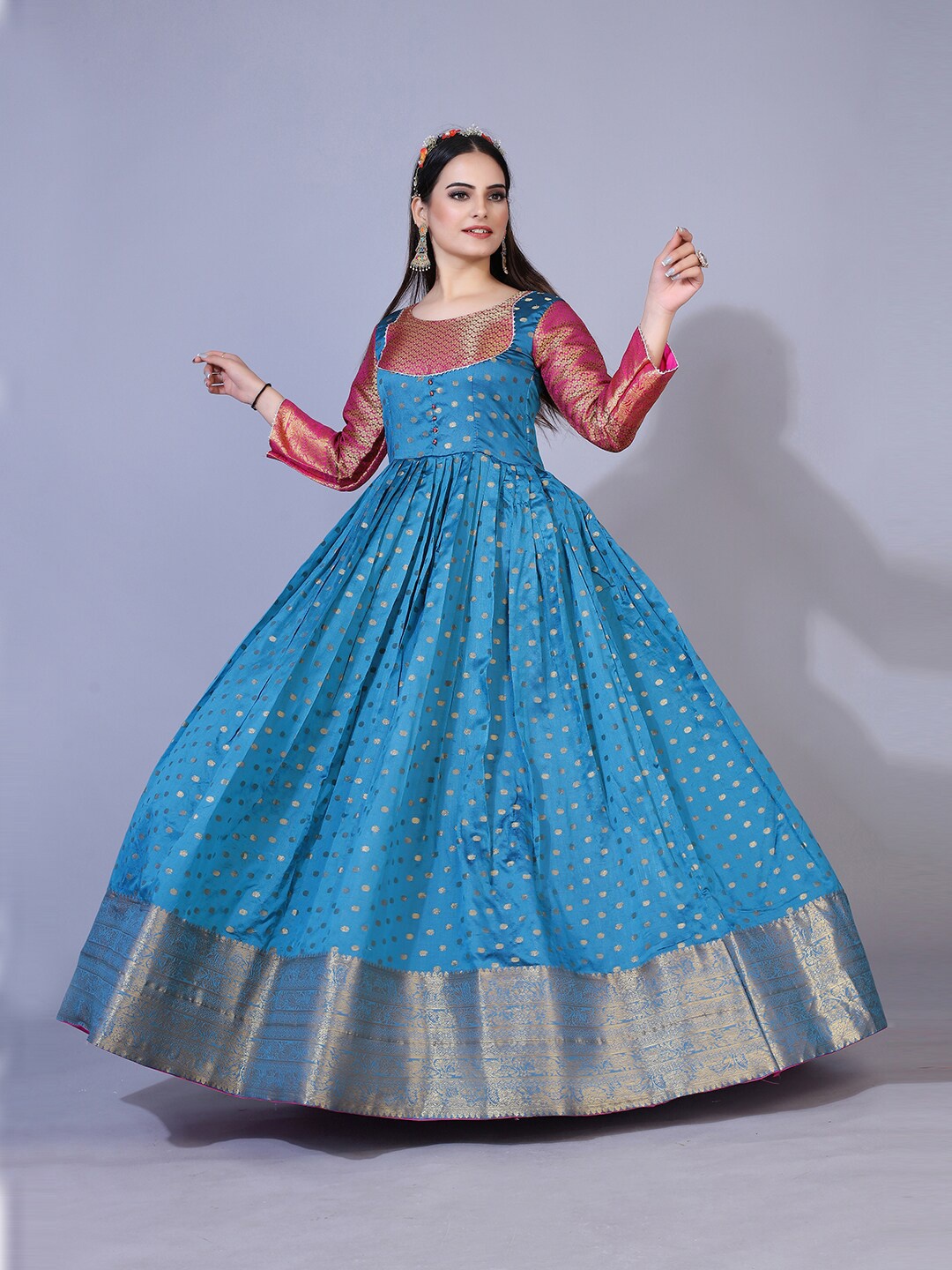 

PRENEA Women Turquoise Blue Floral Jacquard Silk Blend Maxi Dress
