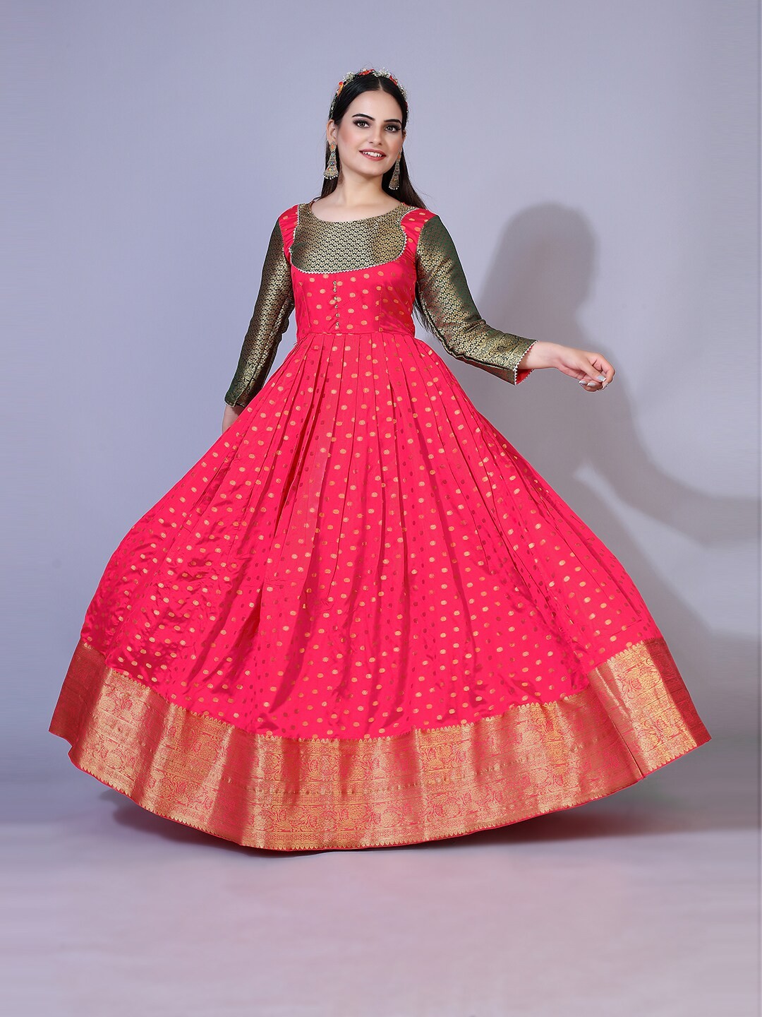 

PRENEA Pink & Green Jacquard Maxi Dress