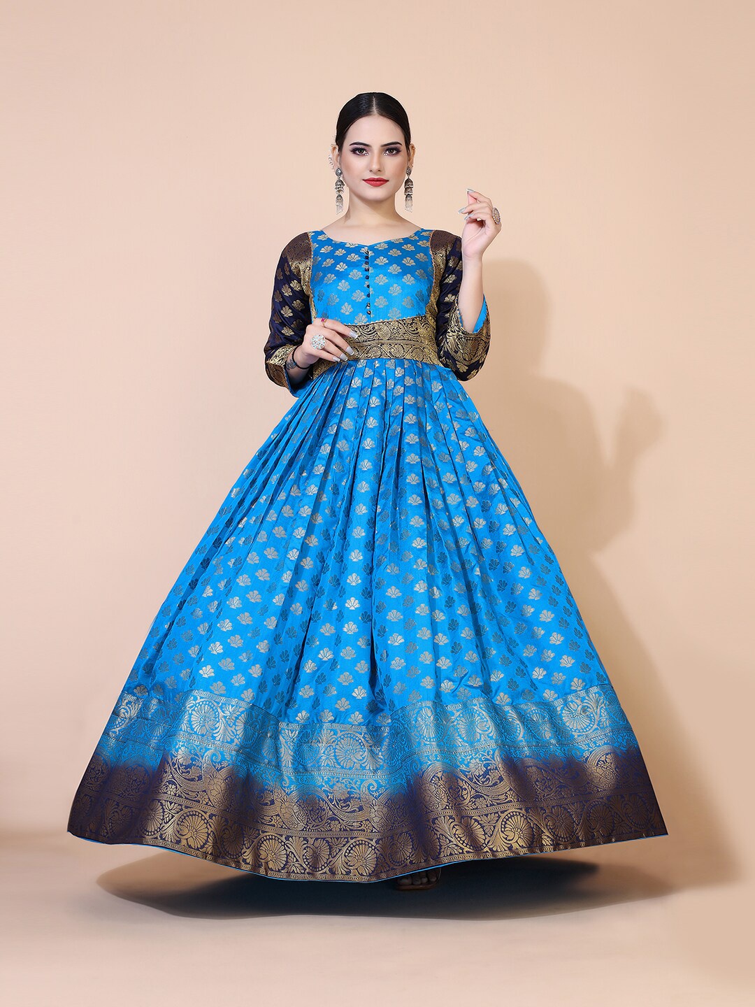 

PRENEA womens Turquoise Blue Ethnic Motifs Jacquard Maxi Dress