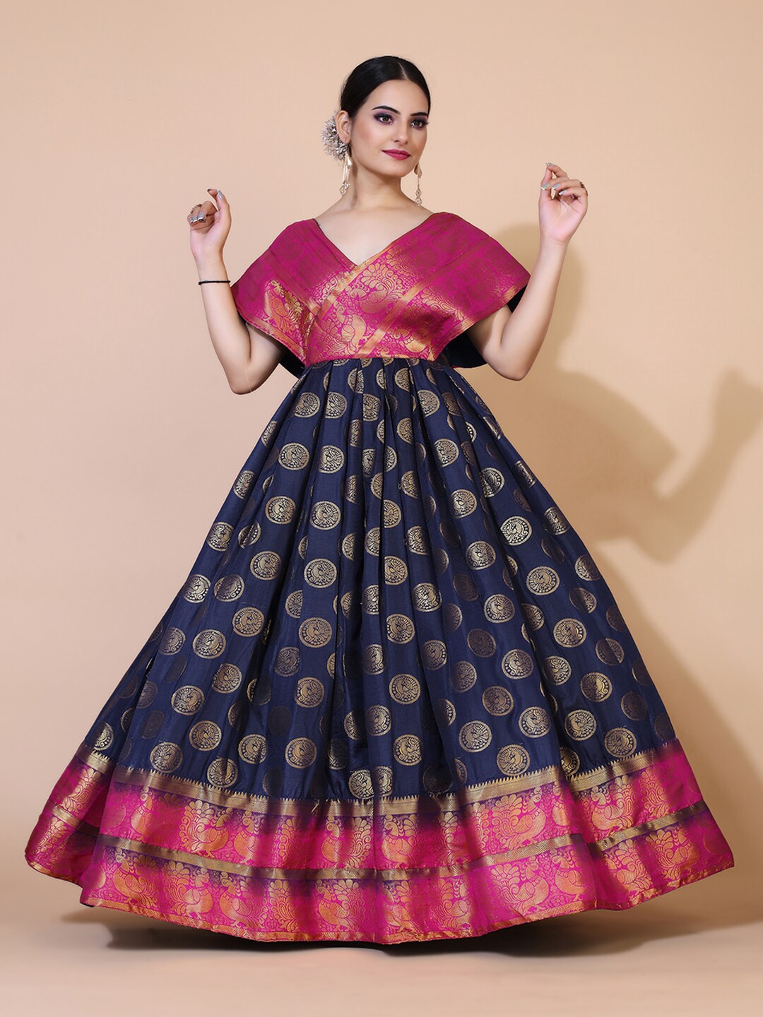 

PRENEA Navy Blue Ethnic Motifs Jacquard Maxi Dress