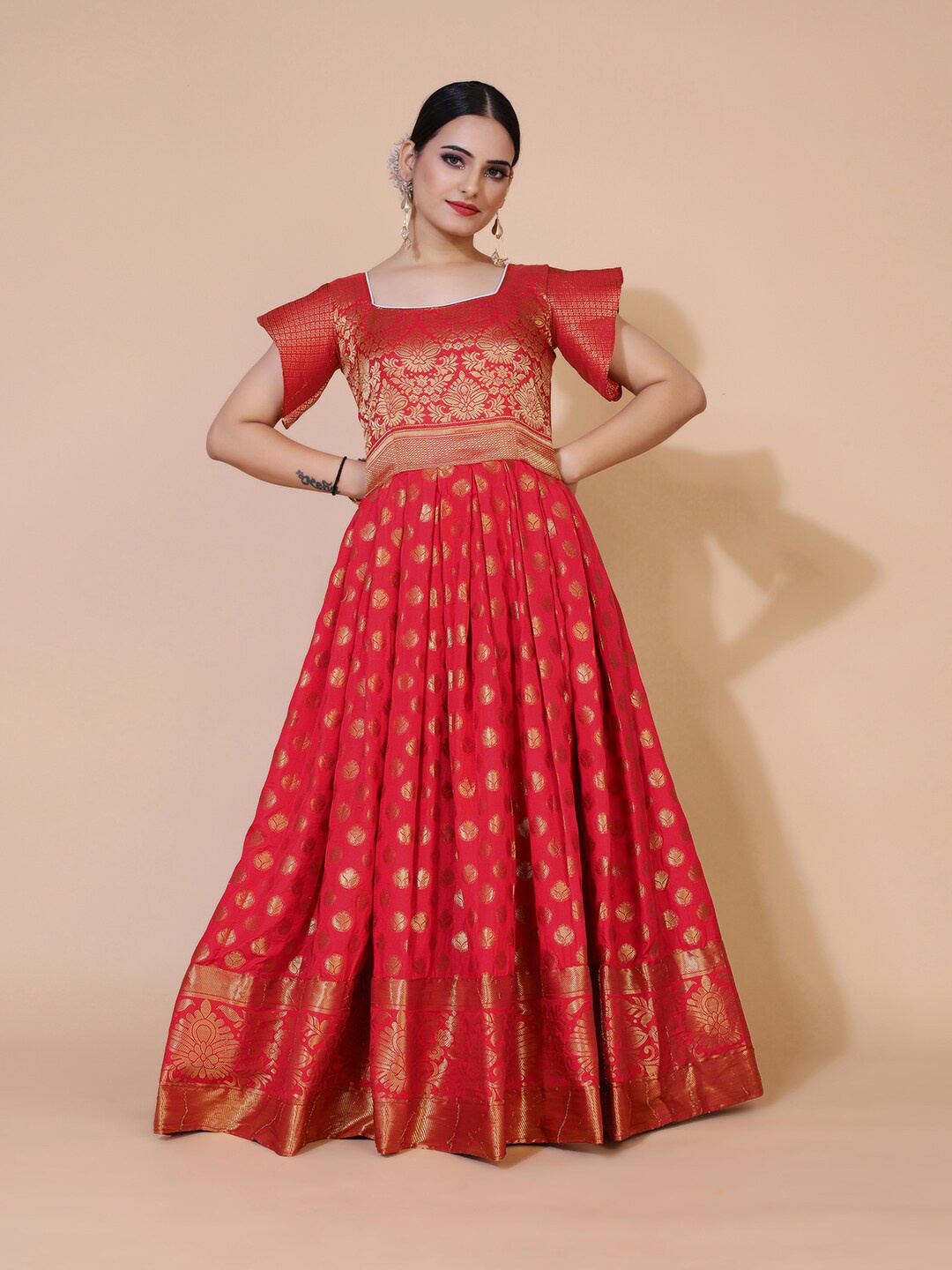

PRENEA Red Ethnic Motifs Silk Blend Jacquard Long Gown