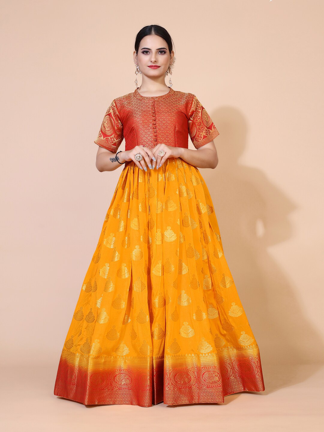

PRENEA Yellow Designer Silk Blend Jacquard Silk Long Gown