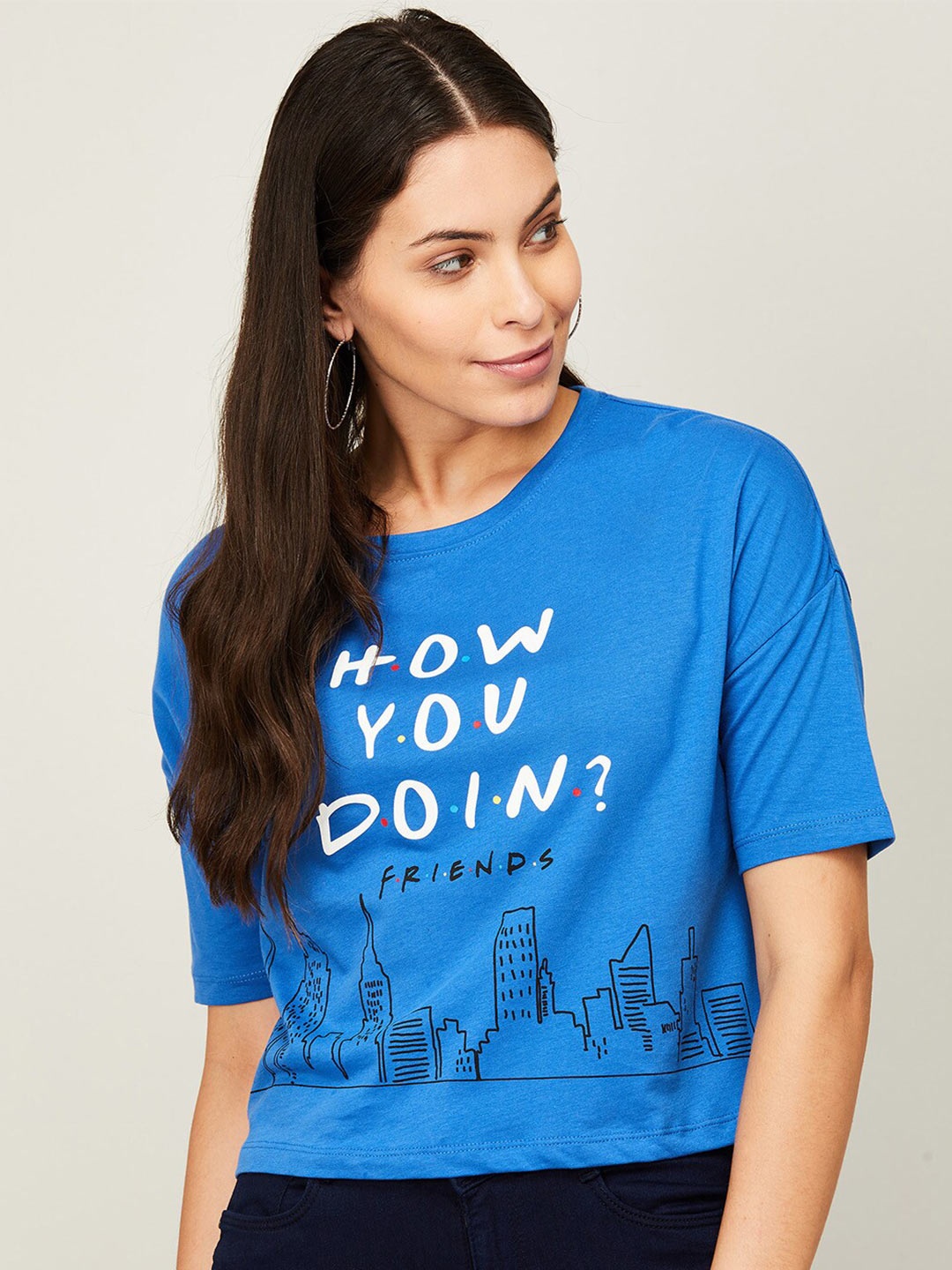 

Ginger by Lifestyle Women Blue Printed Drop-Shoulder Sleeves T-shirt