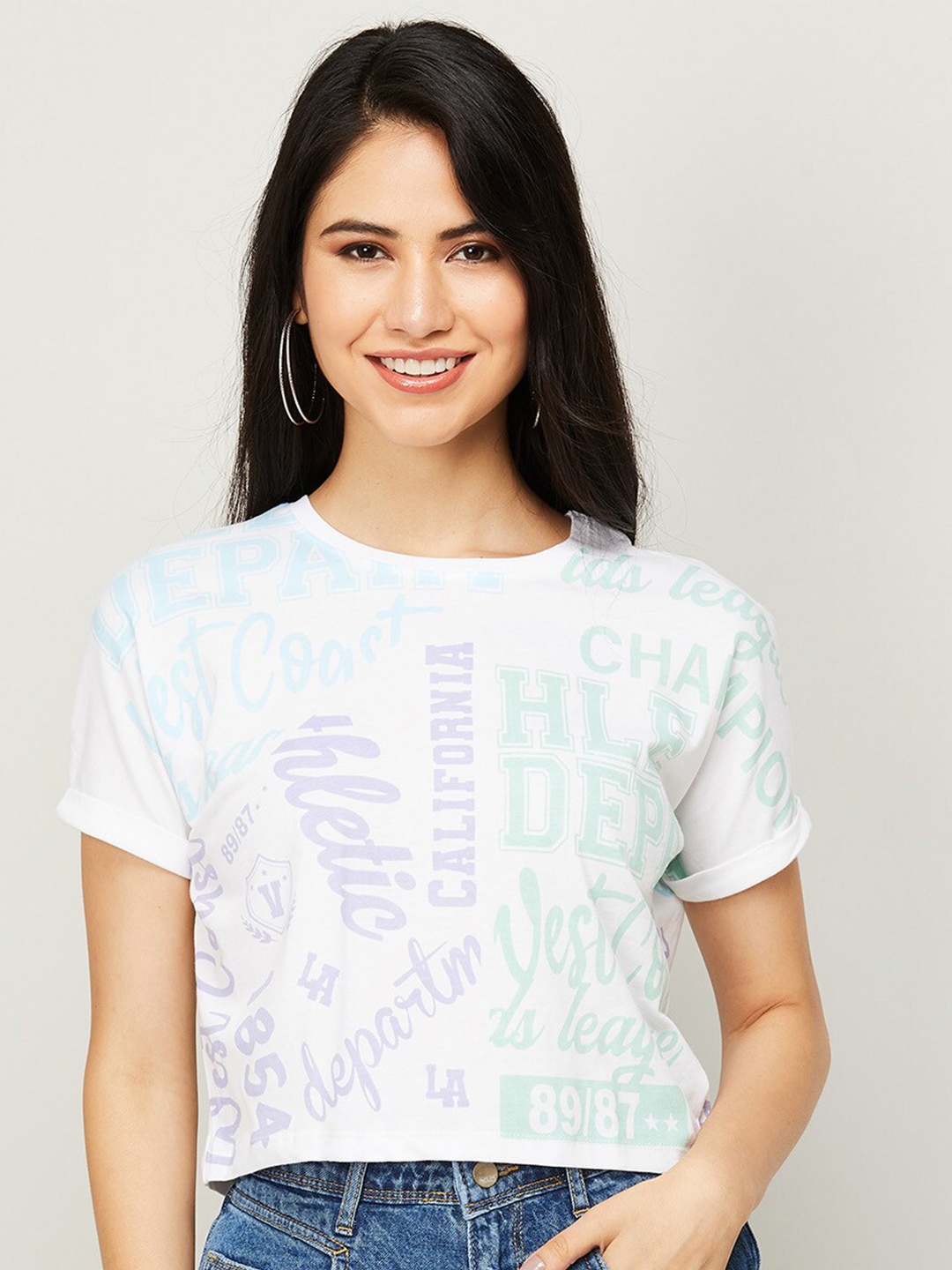 

Ginger by Lifestyle Women White Printed Extended Sleeves T-shirt