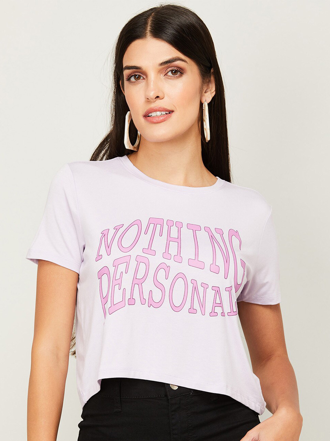 

Ginger by Lifestyle Women Purple Typography Printed Drop-Shoulder Sleeves T-shirt