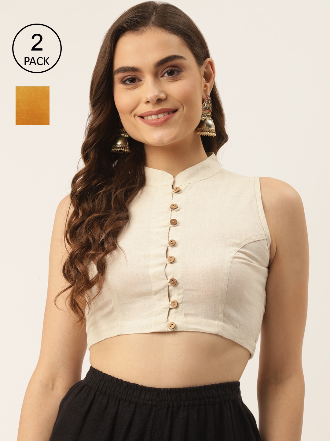 

Molcha Women Pack Of 2 Yellow & Off White Solid Cotton Saree Blouse