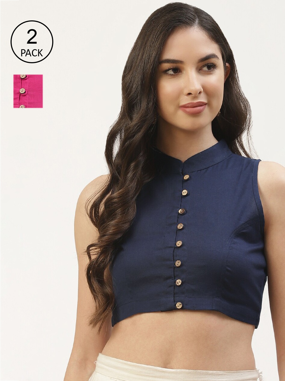

Molcha Women Set of 2 Pink & Navy Blue Solid Saree Blouse