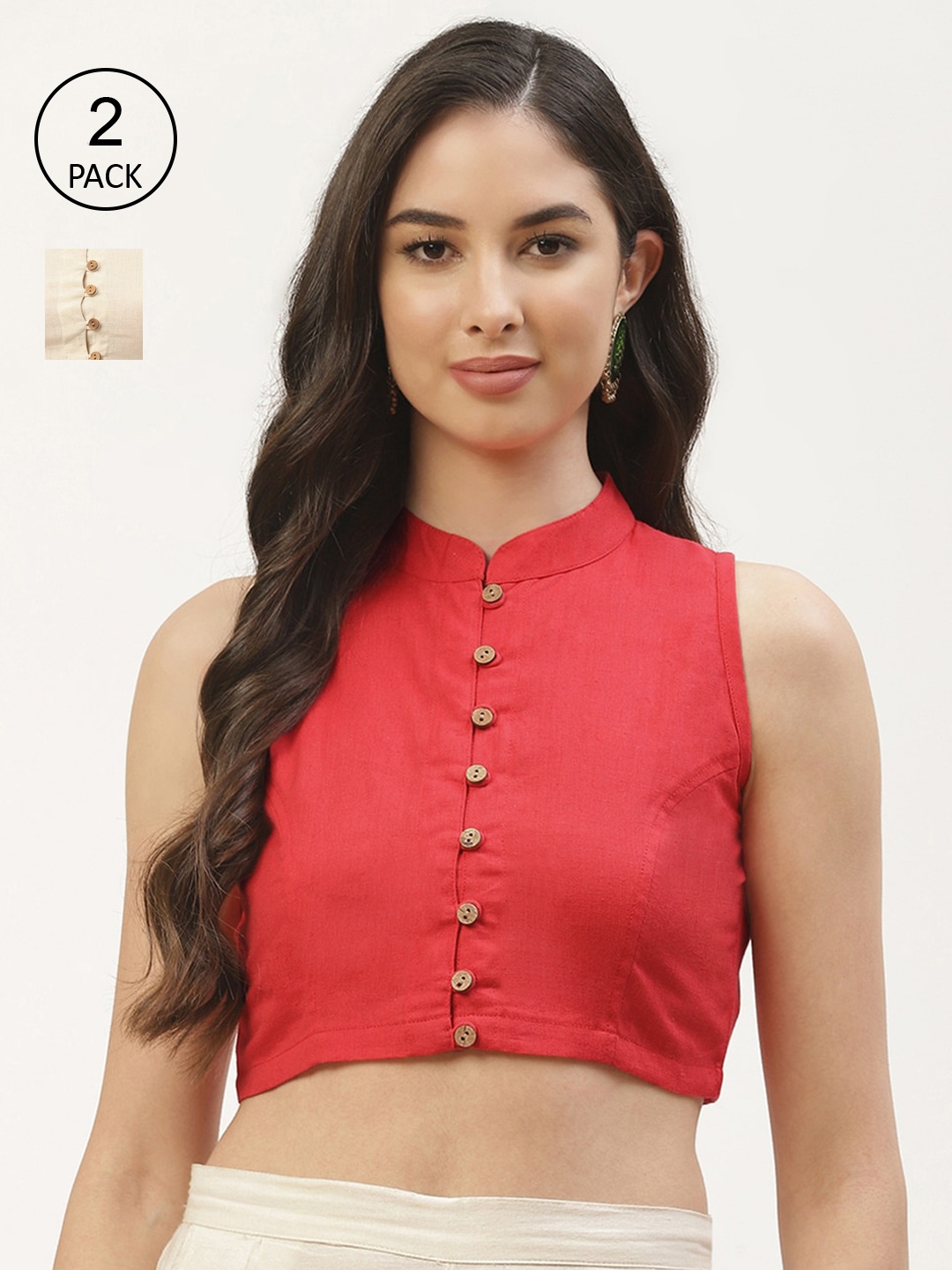 

Molcha Women Pack Of 2 Solid Saree Blouse, Red