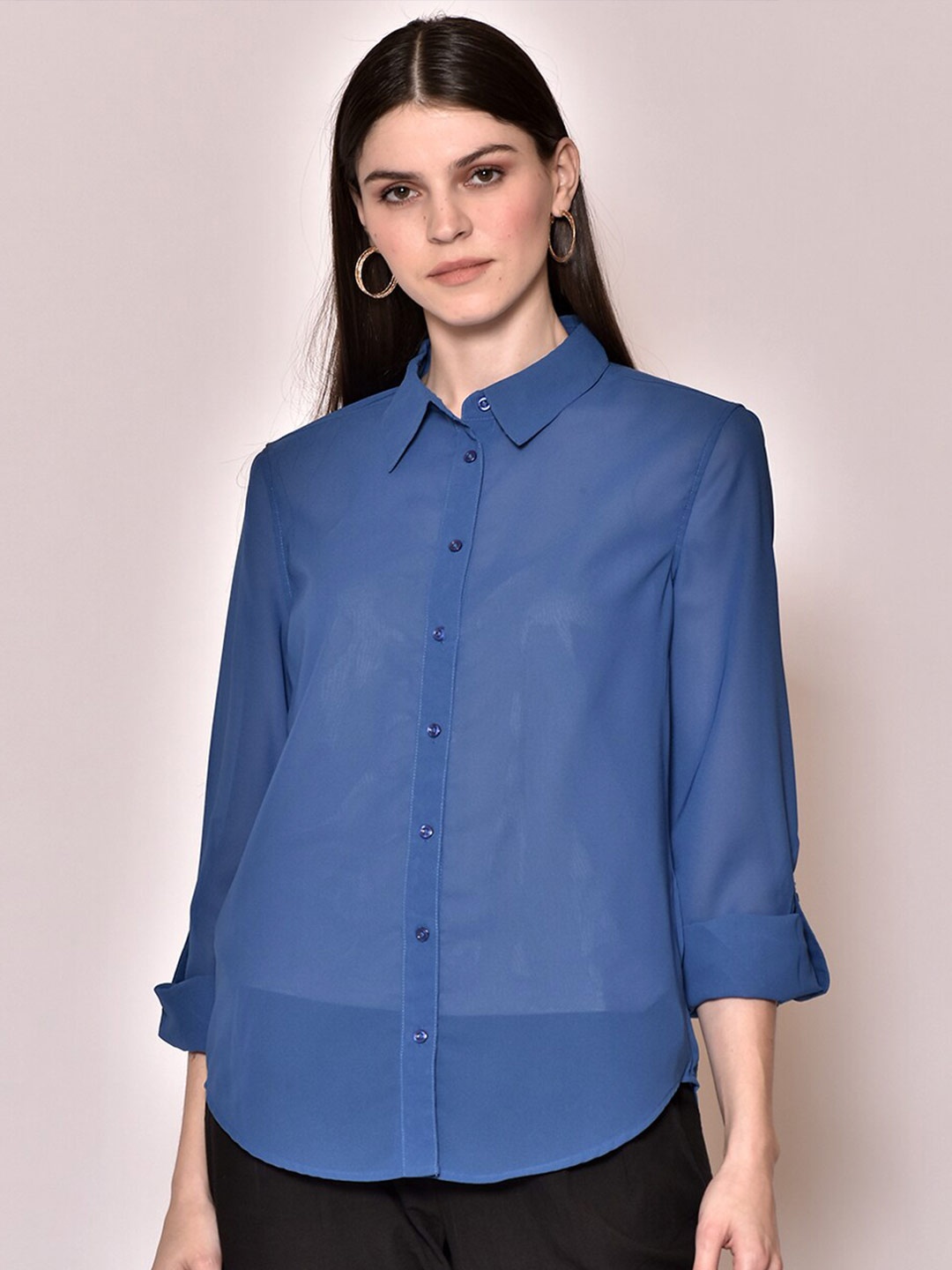 

250 DESIGNS Women Blue Sheer Casual Shirt