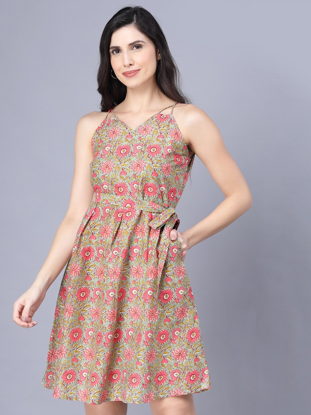

Myshka Multicoloured Floral Printed Sleeveless Shoulder Straps Dress, Multi