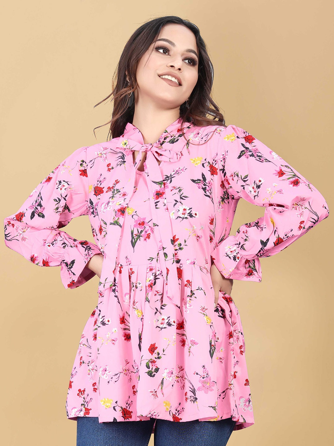 

WEAVETECH IMPEX Pink Floral Print Crepe Shirt Style Top