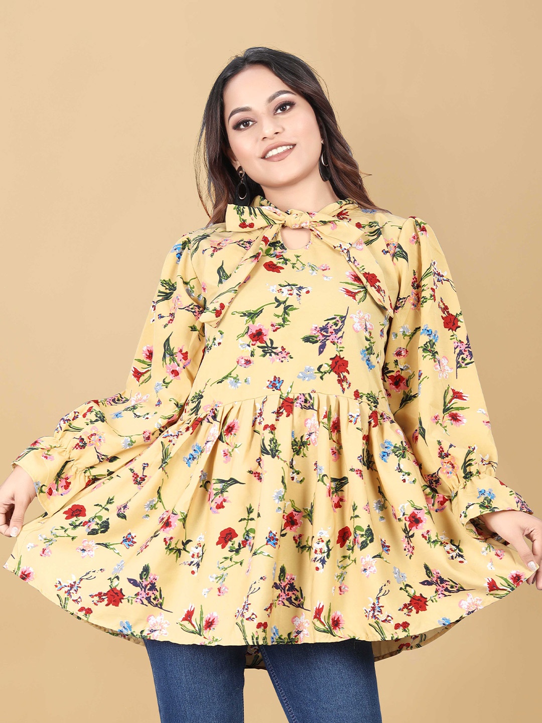 

WEAVETECH IMPEX Yellow Floral Print Tie-Up Neck Bishop Sleeves Crepe Top