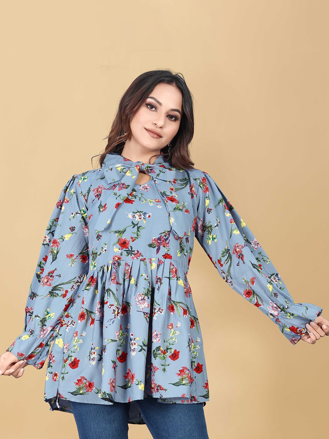 

WEAVETECH IMPEX Turquoise Blue Floral Print Tie-Up Neck Crepe Top