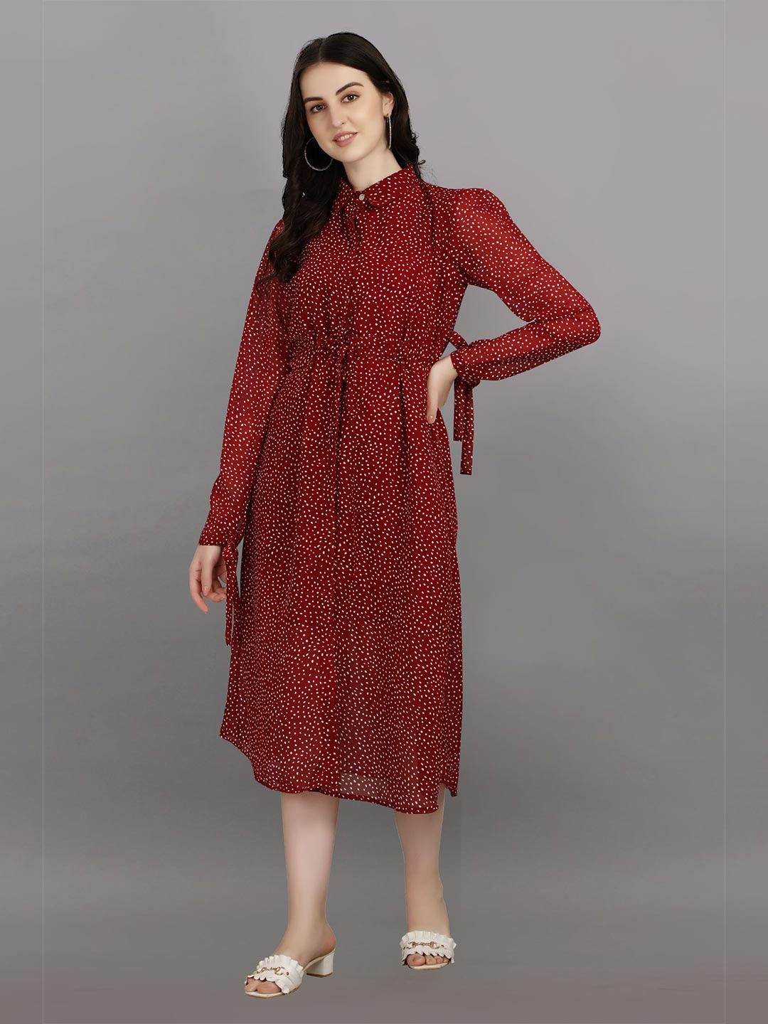 

Urban Luxe Maroon Maroon & White Polka Dotted Print Shirt Midi Dress