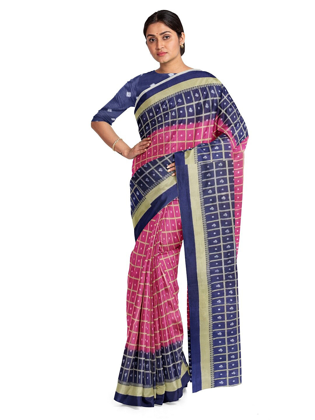 

SAADHVI Pink & Navy Blue Woven Design Silk Blend Bandhani Saree