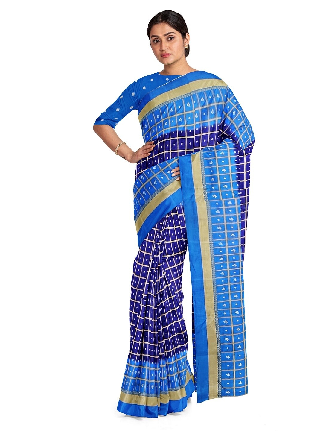

SAADHVI Navy Blue & White Bandhani Silk Blend Fusion Bandhani Saree
