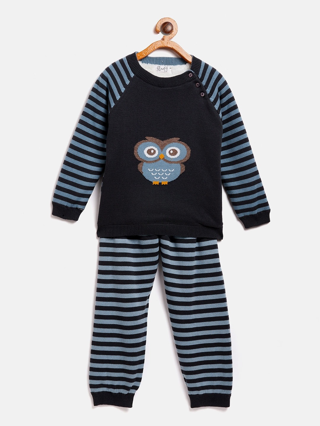 

JWAAQ Kids Navy Blue & Black Striped Pure Cotton Top with Pyjamas