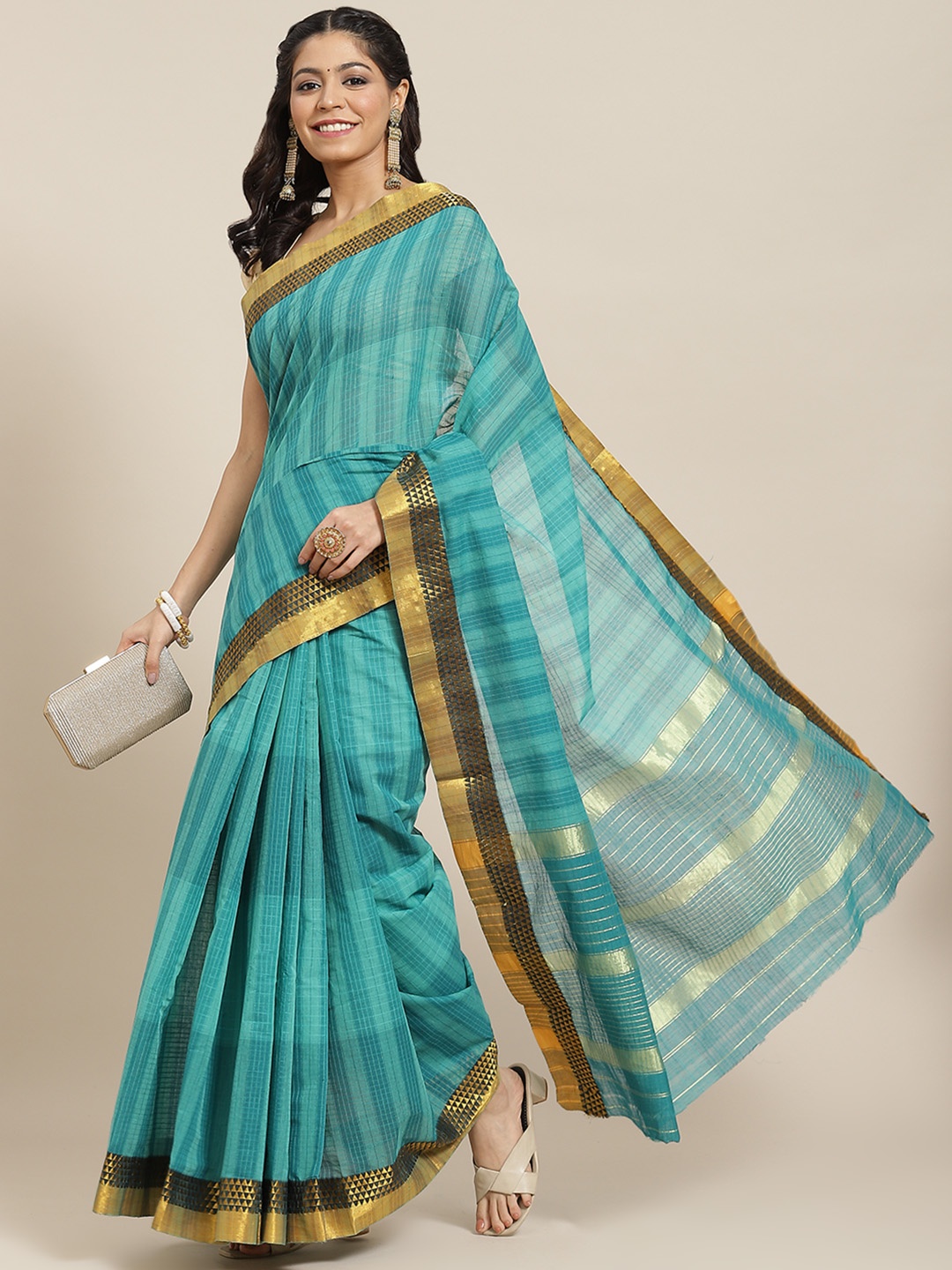 

Ishin Sea Green Checked Cotton Blend Zari Saree