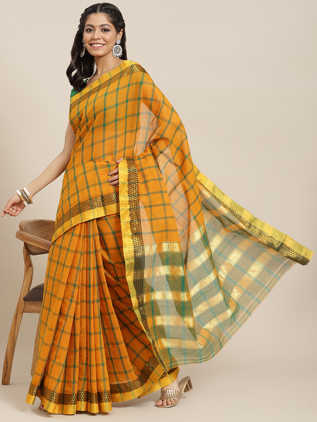 

Ishin Mustard & Green Checked Zari Saree