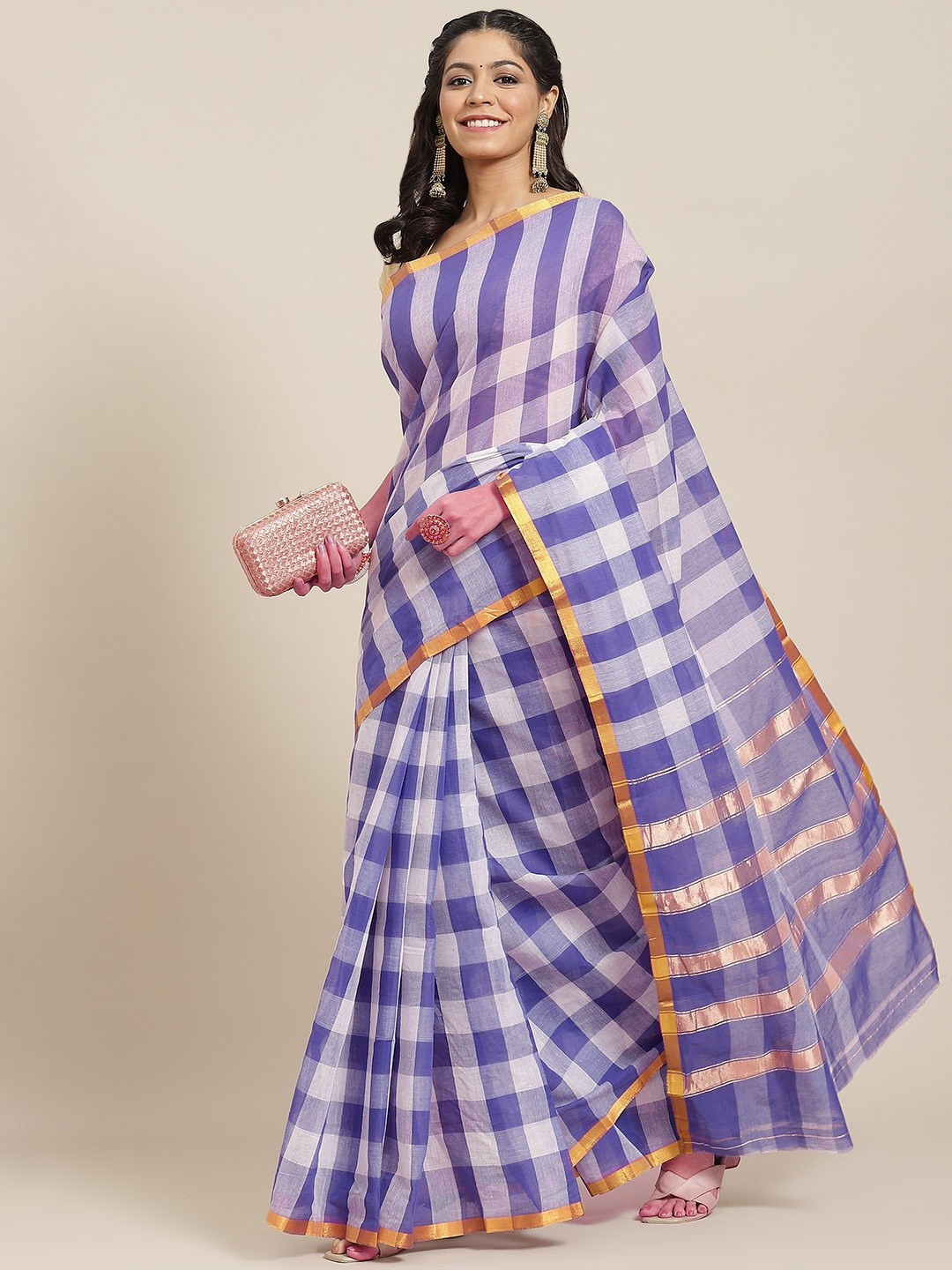 

Ishin Purple & White Checked Cotton Blend Saree