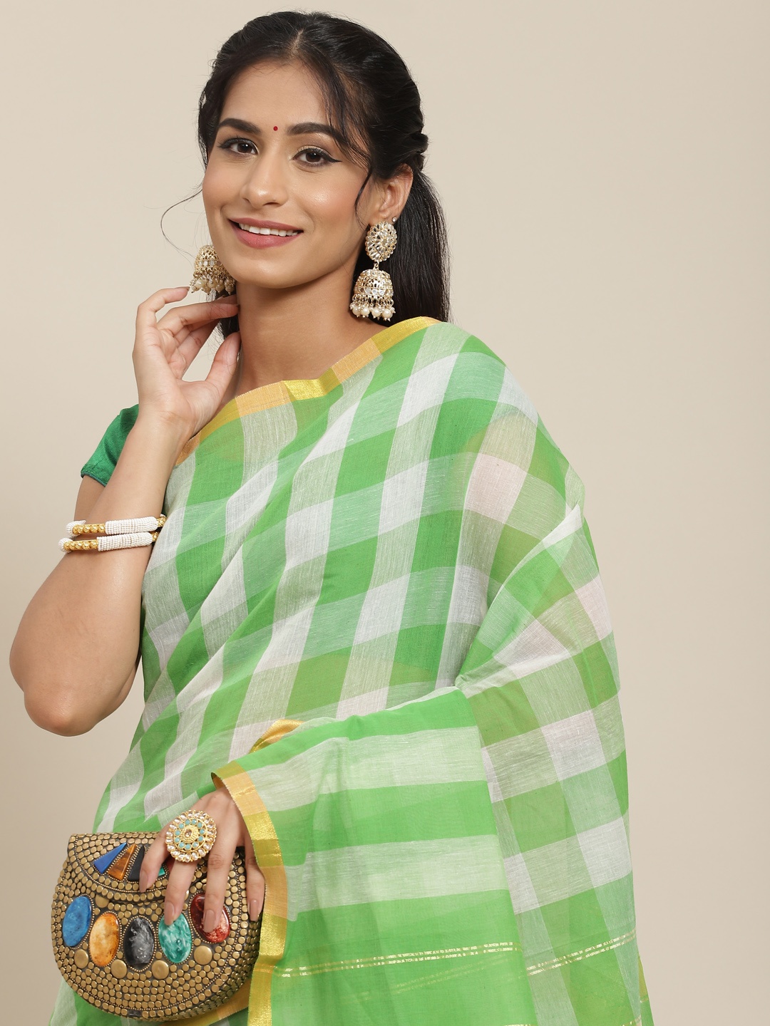 

Ishin Green & White Checked Zari Saree