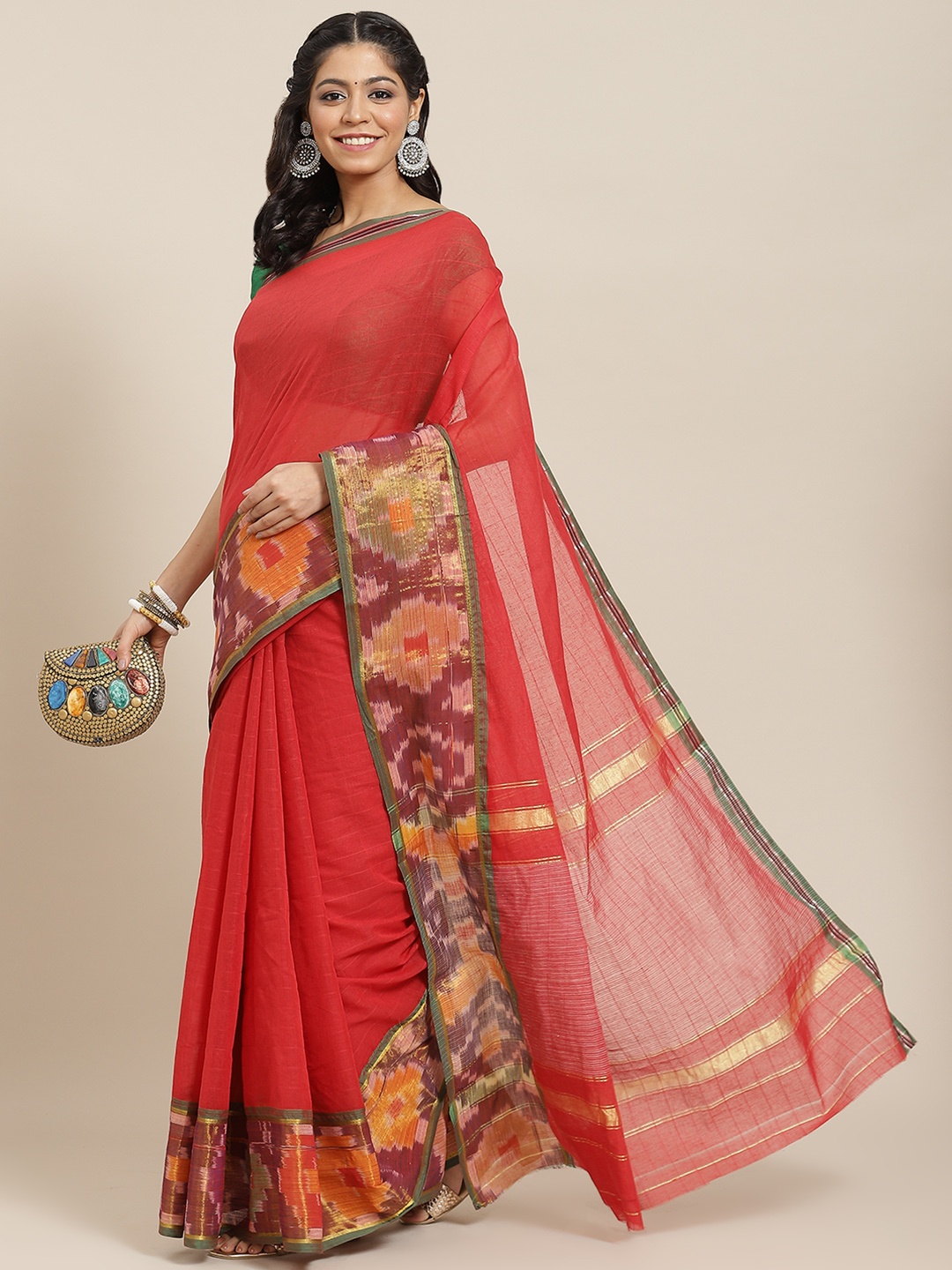 

Ishin Red & Brown Solid Zari Pochampally Saree with Woven Border