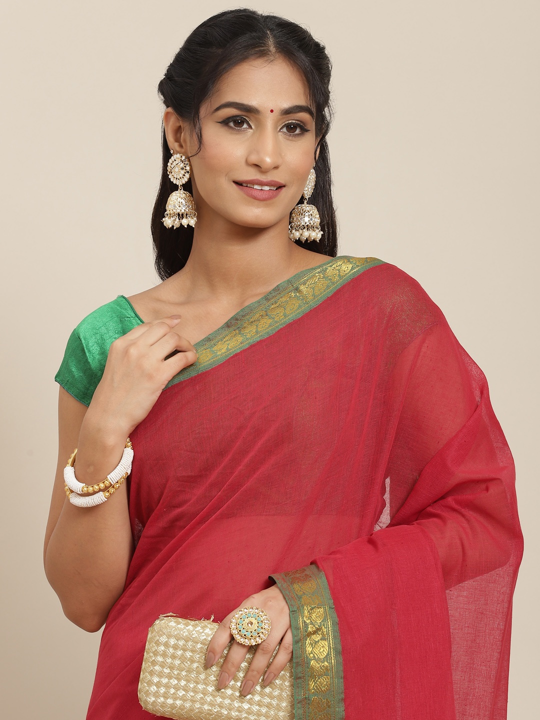 

Ishin Maroon & Green Zari Saree with Woven Border